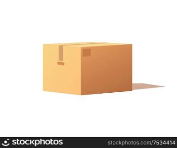 Empty closed box mockup, post container for goods delivery and storage, packaging design. Parcel with adhesive tape 3D isometric icon vector isolated.. Empty Closed Box Mockup, Post Container for Goods