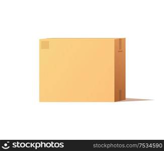 Empty closed box mockup, post container for goods delivery and storage, packaging design. Parcel with adhesive tape 3D isometric icon vector isolated.. Empty Closed Box Mockup, Post Container for Goods