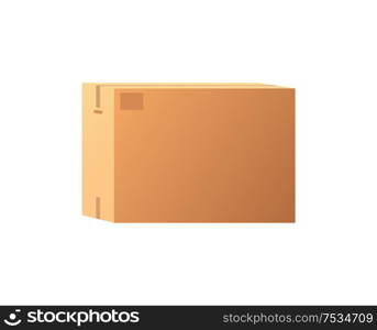 Empty closed box mockup, post container for goods delivery and storage, packaging design. Parcel with adhesive tape 3D isometric icon vector isolated.. Empty Closed Box Mockup, Post Container for Goods