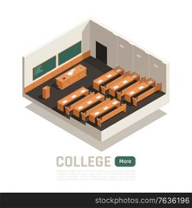 Empty college lecture hall with wooden desks table and two green boards 3d isometric vector illustration