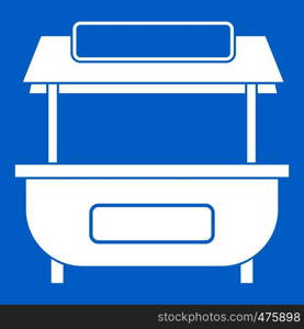 Empty counter with canopy icon white isolated on blue background vector illustration. Empty counter with canopy icon white