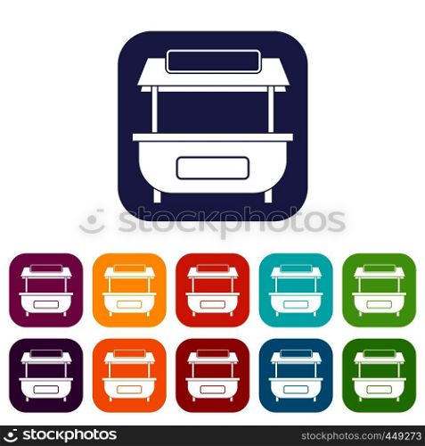 Empty counter with canopy icons set vector illustration in flat style In colors red, blue, green and other. Empty counter with canopy icons set flat