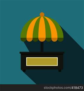 Empty counter with yellow and green umbrella icon. Flat illustration of empty counter with yellow and green umbrella vector icon for web isolated on baby blue background. Empty counter with yellow and green umbrella icon