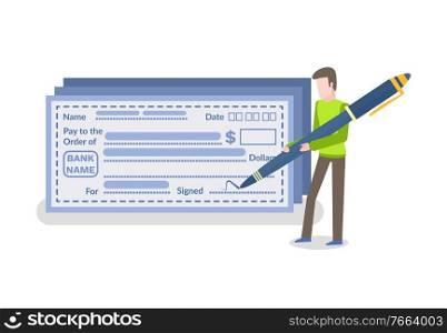 Empty coupon or blank form filling by person, name and day, pay and order, dollars and signed. Portrait view of man holding pen, blue card in frame vector. Person Filling Green Empty Blank, Finance Vector