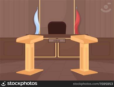 Empty court room flat color vector illustration. Criminal lawsuit. Prosecution and attorney counter. Legal justice. Legislation system. Courthouse 2D cartoon interior with judge stand on background. Empty court room flat color vector illustration