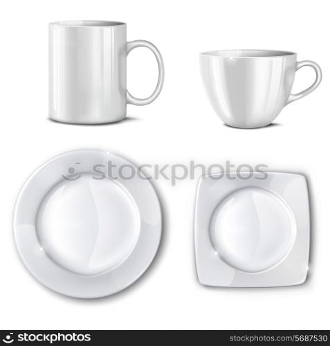 Empty cups and plates on a white background. Mesh.This file contains transparency.