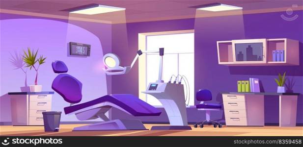 Empty dentist cabinet in clinic or hospital. Stomatologic room interior with doctor table, dental chair with l&and tools for oral care, tooth treatment and clean, vector cartoon illustration. Empty dentist cabinet in clinic or hospital