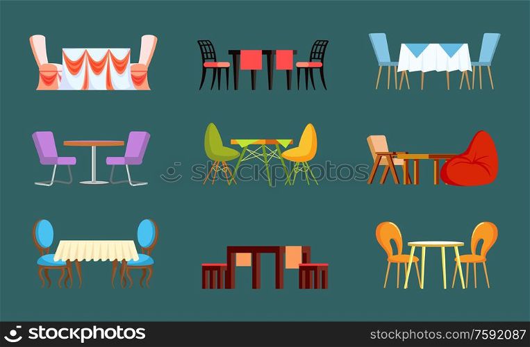 Empty design set of table with chairs, stools and bag. Daily and festive view of dinner place, board decorated by cloth and serviette 3D vector. Empty Design View of Table with Chairs Vector