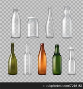 Empty different shapes and colors glass bottles for various applications transparent set realistic vector illustration . Realistic Glass Bottles Transparent Set