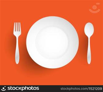 Empty dish, fork and spoon placed alongside. On orange background vector illustration