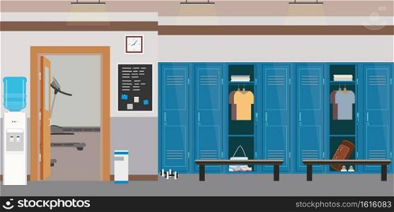 Empty Dressing room interior with lockers in gym or fitness club,open and closed lockers,flat vector illustration