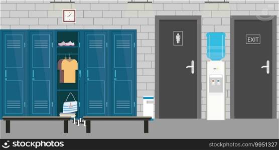 Empty Dressing room interior with lockers, open and closed lockers,wc and exit doors,flat vector illustration