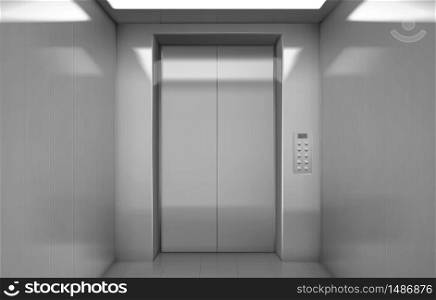 Empty elevator cabin with closed steel doors inside view. Vector realistic interior of passenger lift with buttons panel and digital display with number of floor in house or office building. Empty elevator cabin with closed steel doors