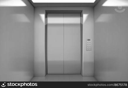 Empty elevator cabin with closed steel doors inside view. Vector realistic interior of passenger lift with buttons panel and digital display with number of floor in house or office building. Empty elevator cabin with closed steel doors