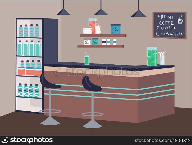 Empty fitness bar flat color vector illustration. Healthy drinks establishment 2D cartoon interior with counter on background. Recreational place for sports people. Fresh coffee and protein cocktails. Empty fitness bar flat color vector illustration