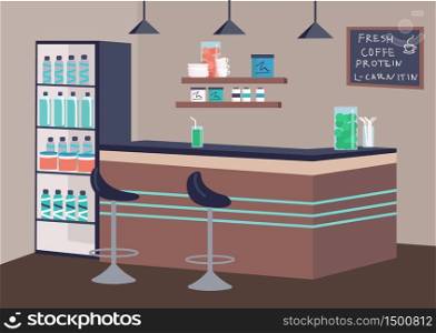 Empty fitness bar flat color vector illustration. Healthy drinks establishment 2D cartoon interior with counter on background. Recreational place for sports people. Fresh coffee and protein cocktails. Empty fitness bar flat color vector illustration