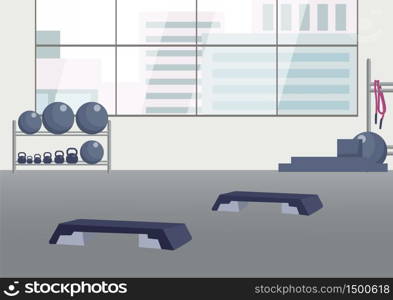 Empty fitness club flat color vector illustration. Gym 2D cartoon interior with equipment on background. Sports center with no people inside. Gear for bodybuilding, aerobics and pilates training. Empty fitness club flat color vector illustration