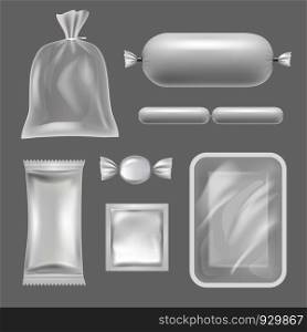 Empty food packages. Vector realistic pictures of polyethylene packages. Illustration of polyethylene realistic for food, container for candy and condom. Empty food packages. Vector realistic pictures of polyethylene packages