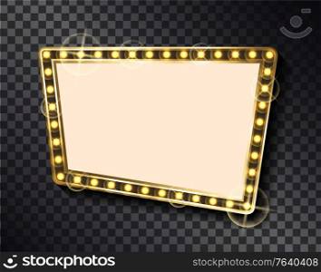 Empty frame with lights vector, blank banner with bulbs isolated on transparent background. Premium quality sparkling and shining borders of square. Rectangular Shape Empty Banner Gold Blank Frame