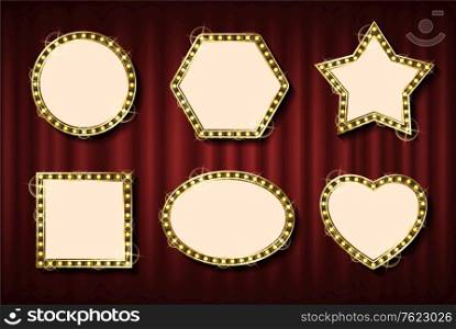 Empty frame with lights, vector set of different framings. Shape of circle and star, square and hexagon, hexagonal banner template red curtain background. Frames and Banners in Retro Style Golden Bulb