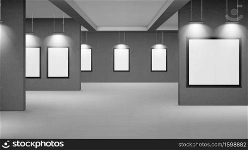 Empty gallery with blank picture frames illuminated by spotlights. Vector realistic interior of museum or studio room with white posters in black frames and lamps. Template for artwork exhibition. Empty gallery with blank picture frames