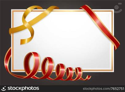 Empty gift card with glossy ribbon sign isolated on black. Clearance white paper in frame with elegant stripes for holiday. Festive blank paper with red border and shiny tapes objects vector. Festive White Blank with Glossy Ribbon Vector