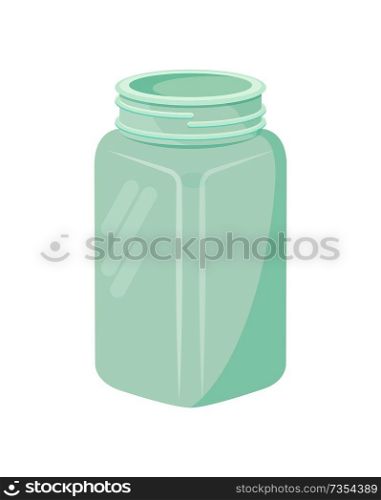 Empty glass jar isolated on white background. Transparent bottle that can be closed, mug for cocktail drinks, fragile glassware item vector illustration. Empty Glass Jar Mug Isolated on White Background