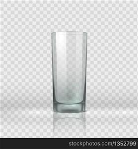Empty glass. Realistic clear drink container, restaurant glassware. Vector image crystal cup for water or juice isolated on transparent background. Empty glass. Realistic clear drink container. Vector cup of water isolated on transparent background