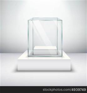 Empty Glass Showcase. Realistic empty glass for exhibiting on white surface vector illustration