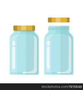 Empty glass transparent jar with gold lid. open and closed - closeup isolated on white background. Design template for advertise, branding, mockup Vector illustration in flat style. Empty glass transparent jar with gold lid.