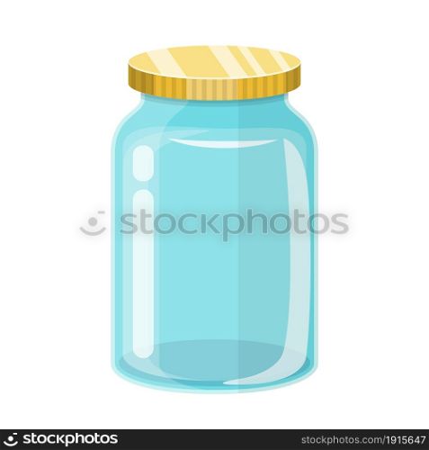 Empty glass transparent jar with gold lid. Vector illustration in flat style. Empty glass transparent jar with gold lid.