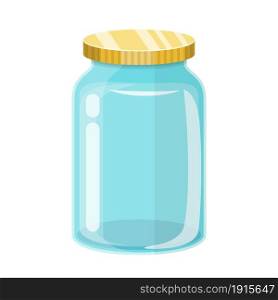 Empty glass transparent jar with gold lid. Vector illustration in flat style. Empty glass transparent jar with gold lid.
