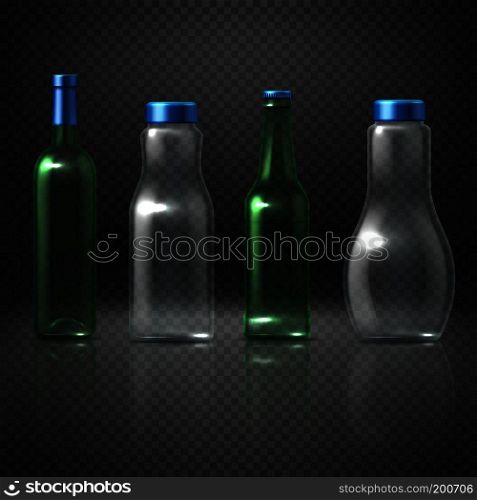 Empty glass vector bottles for alcoholic and nonalcoholic beverages, beer, wine, vodka, juice. Set of bottle container transparent for liquid, illustration of bottle with cap. Empty glass vector bottles for alcoholic and nonalcoholic beverages, beer, wine, vodka, juice