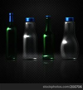Empty glass vector bottles for alcoholic and nonalcoholic beverages, beer, wine, vodka, juice. Set of bottle container transparent for liquid, illustration of bottle with cap. Empty glass vector bottles for alcoholic and nonalcoholic beverages, beer, wine, vodka, juice