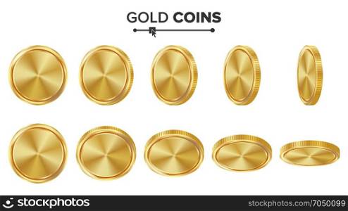 Empty Gold Coins Vector Set. Realistic Template Illustration. Flip Different Angles. Blank Money Front Side. Investment Concept. Finance Coin Icon, Sign, Success Banking Cash Symbol. Currency Isolated. Empty Gold Coins Vector Set. Realistic Template Illustration. Flip Different Angles. Blank Money Front Side. Investment Concept. Finance Coin Icon, Sign, Success Banking Cash Symbol