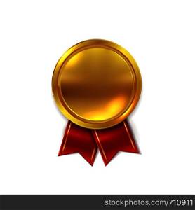 Empty gold medal. Shiny golden round seal for certificate or winner star award metal realistic vector illustration. Empty gold medal. Shiny golden round seal for certificate or winner star award realistic vector illustration