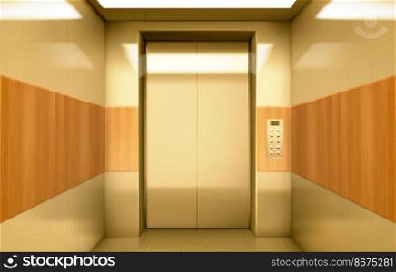 Empty golden elevator cabin with closed doors inside view. Vector realistic luxury interior of passenger lift with buttons panel and digital display with number of floor in house, hotel or office. Golden elevator cabin with closed doors inside