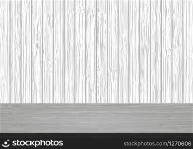 Empty gray wooden table top on white wood plank background. Wooden background vector. Empty gray wooden table top on white wood plank background. Wooden background