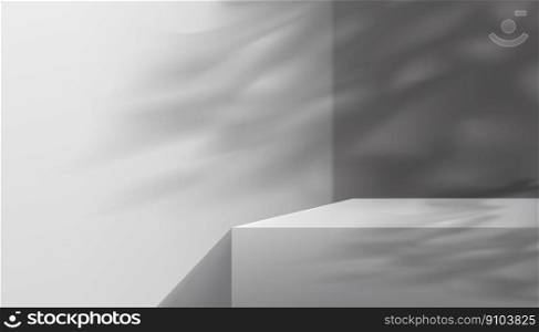 Empty Grey Cement Wall Backdrop Background,3D Display Studio with leaves shadow,Gallery room with sunlight overlay on Concrete wall,Vector minimal design for Spring,Summer Product Presentation