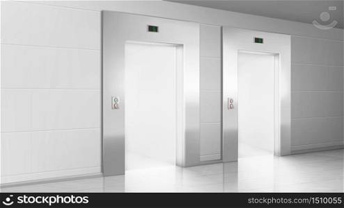 Empty hallway with light from open elevators doors. Vector realistic modern office or hotel lobby interior with lift, metal panel with buttons and floor display on wall. Empty hallway with light from open elevators doors