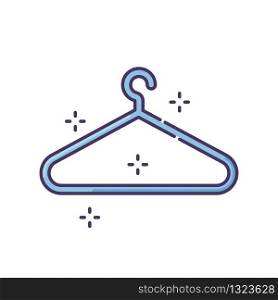 Empty hanger blue RGB color icon. Hang clothes in closet. Garment storage. Cloakroom sign. Suit for sale. Housekeeping symbol. Store cloak and shirt. Casual wear. Isolated vector illustration