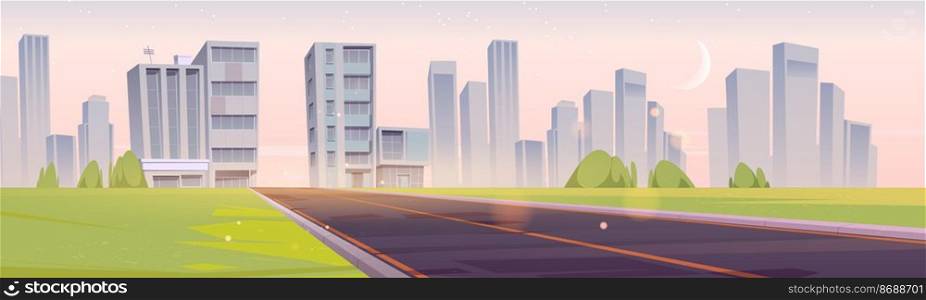 Empty highway road to city early morning landscape with skyscraper buildings under pink sky with crescent. Urban cityscape perspective view with green field, modern town, Cartoon vector illustration. Empty highway road to city early morning landscape