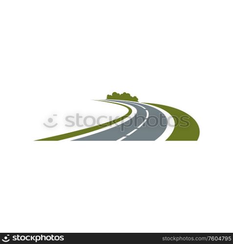 Empty highway road with green roadsides isolated speedway. Vector transportation tourist company logo. Transportation company logo. Way, green roadsides
