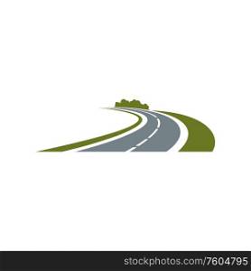 Empty highway road with green roadsides isolated speedway. Vector transportation tourist company logo. Transportation company logo. Way, green roadsides
