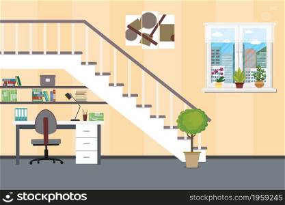 Empty Home interior.Worlkplace under the stairs,vase with a plant,picture and window,House with furniture,flat vector illustration