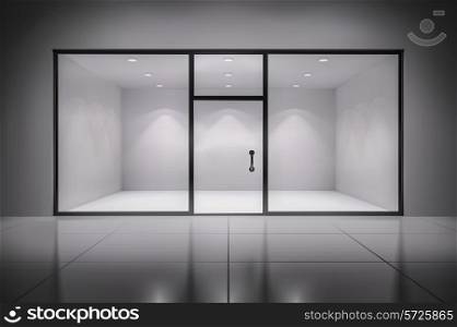 Empty illuminated store exposition interior realistic background vector illustration