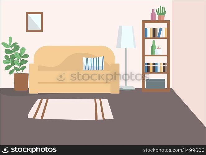 Empty living room flat color vector illustration. Cozy apartment 2D cartoon interior with furniture on background. Home furnishing. Comfortable room with couch, bookcase and decorative plants. Empty living room flat color vector illustration