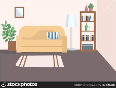 Empty living room flat color vector illustration. Cozy apartment 2D cartoon interior with furniture on background. Home furnishing. Comfortable room with couch, bookcase and decorative plants. Empty living room flat color vector illustration