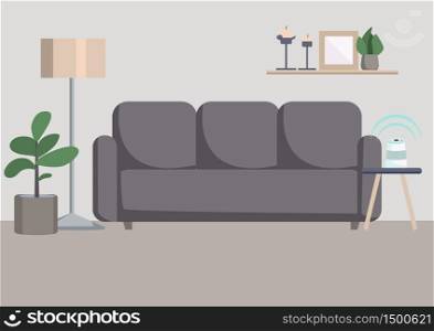 Empty living room flat color vector illustration. Modern apartment 2D cartoon interior with couch on background. Livingroom interior decor, decorative plants, sofa and smart speaker on coffee table. Empty living room flat color vector illustration