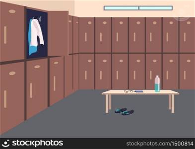 Empty locker room flat color vector illustration. Fitness club, sports club, gym 2D cartoon interior with metal lockers on background. Change clothing storage, personal belongings safekeep. Empty locker room flat color vector illustration